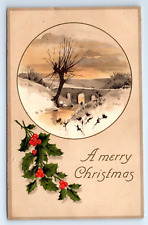 A Merry Christmas Winter Bridge Tree Holly Embossed Postcard Posted 1910 picture