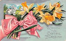 Antique Easter Card Bunny Fantasy Pink Silk Bow Daffodils Vtg Postcard D25 picture