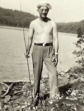 O8 Photograph 1940's Man Standing On Shoreline Shirtless Holding Fishing Pole  picture