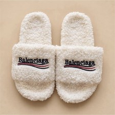 Balenciaga Men's White Faux Fur Slide Slippers Slip-On Open Toe Logo picture
