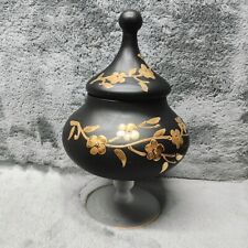 Unique Vintage Satin Finish Black Glass w/ hand painted Gold Decoration Compote picture