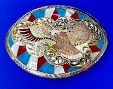 Flying Eagle Vintage Turquoise Coral Abalone Inlay Western Patriotic Belt Buckle picture