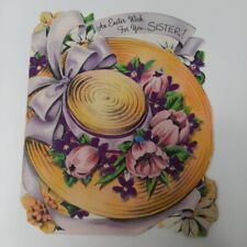 Vintage Sister Easter Yellow Hat Purple Bow Pink Flowers Embossed Greeting Card picture