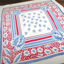 Vintage Tablecloth Floral Cotton 40s 50s Mid Century Retro Red Blue 47 x 54 picture