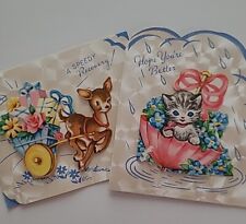 2 UNUSED Vtg KITTEN in PINK Parasol DONKEY w Flower Cart Old Stock CARDS w Envs picture