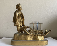 Antique Victorian Brass Inkstand, Young Boy Striking a Match & Dog, 1910 picture