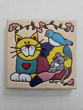 VTG Earthtones Friends Ceramic Tile Trivet Cat Bird Mouse Made In USA Signed  picture