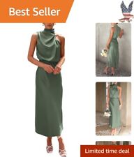 Satin Maxi Dress - Sleeveless Mock Neck - Summer Party Cocktail - Army Green picture