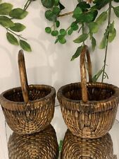 2 Small Brown woven baskets/bamboo with handles tightly woven made Well 7” Tall picture