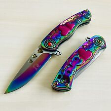 7” Rainbow Heart Girl Knife Tactical Spring Assisted Open Folding Pocket Knife picture