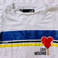 LOVE MOSCHINO Womens T-shirt Heart White Blue Yellow Size 6 picture