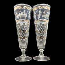 2 Vtg Cera 22K Gold Etruscan Frieze Pilsner Footed Barware Glass Ancient Rome picture