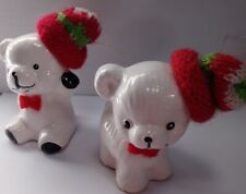 Vintage Hallmark Polar Bear Ornaments with Red & Green Knitted Hats Set of 2 picture