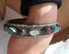 Moroccan silver ornamental antique bracelet with colored decoration  very wide picture