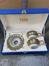 Set Of 2 Hand Painted In Thailand Diamond Design Gold Trim Tea /cafe Set In Box picture
