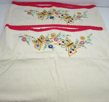 Vintage 1960s Hand Embroidered Pillowcases Butterflies Flowers Pillow Bed Linen picture