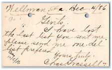 Wellman Iowa IA Clinton IA Postal Card Lost the Last List Message WJ Young 1886 picture