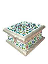 Vintage Enamel Embellished Wood Jewelry Keepsake Box~Multi Jewel Colors~India  picture