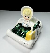 Vintage 50s MCM Lefton Girl w Gifts in Candy Cane Sleigh Candy Box Lid Only Exc picture