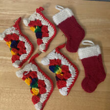6 Vintage Country Hand Made Chunky Crochet Christmas Ornaments  Stocking Lot picture