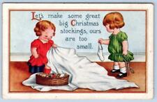 1916 CHRISTMAS GIRLS SEW NEW STOCKINGS EMBOSSED WHITNEY MADE ANTIQUE POSTCARD picture
