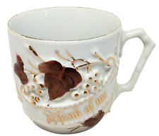 Vintage Sentiment Large Think of Me Cup Mug Brown Leaves Berries Gold Embossed  picture