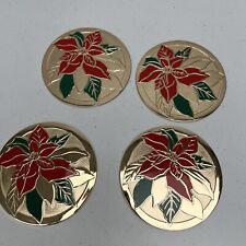 4 Christmas Poinsettia Flower Round Brass Coasters picture