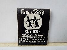 Rare Vintage Matchbook Cover - Pete & Billy Snyder's Melody Room Hollywood Viper picture