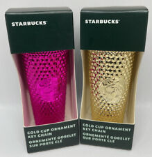 Two Starbucks 2022 Metallic Gold + Sangria Pink Cold Cup Ornament Key Chain picture
