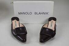Manolo Blahnik Salem Brown Leather Close Toe Kitten Heels Size 38.5 Buckle Top picture