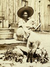 O8 Photograph Farm Country Portrait Sombrero Holding Lamb Sheep Barn 1920's picture