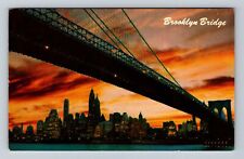 Manhattan NY-New York, Brooklyn Bridge, Skyline, Sunset Vintage Postcard picture