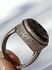 RARE ANCIENT MEDIEVAL ROMAN SILVERED COLOR WARRIOR TALISMAN RING BLACK STONE picture