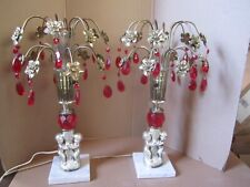 Vintage Waterfall Fountain Boudoir Table Lamp Pair Red Prisms Hugging Sculpture picture