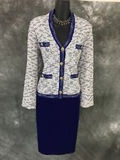 BEAUTIFUL St John knit blue white jacket skirt suit size 8 10 picture