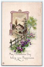 1916 Christmas Purple Flowers Fence House Embossed Cupertino CA Antique Postcard picture