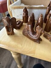 VTG Hand Carved 17 Pc. Nativity Set Wood Christmas Display 3 Wisemen Baby Manger picture