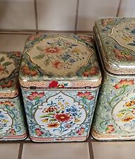 SET 4 CANISTERS, floral embossed painted tins, Holland.  VERY GOOD VINTAGE picture