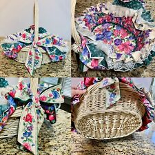 Vintage Floral Lace Fabric Lined Wicker Basket Handle Picnic Flower Country Chic picture