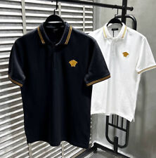Men's Versace Polo T Shirt Embroidered Gold Logo - Short Sleeve - Black / Cream picture