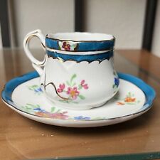 Limoges China White Floral Teacup & Saucer Gold Scroll England Blue Border Vtg picture