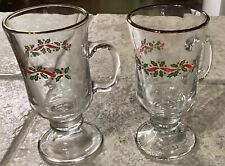 2 ~ Vintage Libbey Irish Coffee Mugs ~ Christmas Holly Berry Ribbon ~ Gold Band picture