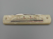 R.M.S. Queen Elizabeth Souvenir Portrait Pocket Knife WWII Troop Transport MOP picture