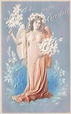 Lovely Easter Pink & Blue Angel Nicely Embossed Silver Accents Vintage Postcard picture