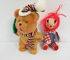 Vintage FLOCKED hollow plastic Christmas Ornaments Teddy Bear & Raggedy Ann picture