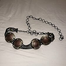 Vtg Chico's Brown Gold Stamped Concho Medallion Chain Adjustable Belt picture