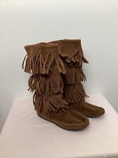 Minnetonka Moccasins Women 3 Layer Fringe Brown Suede Leather Boots 1638 Sz 6 picture