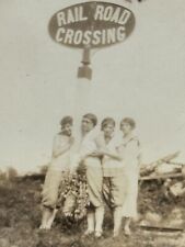1N Photograph Cute Group Women Flowers Leaning Rail Road Crossing Sign 1920's picture