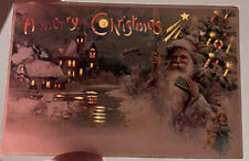 c.1906 Merry Christmas Santa Claus Hold To Light HTL Carrying Tree Snow Postcard picture