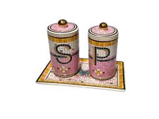 Anthropologie Bistro Garden Tile Salt & Pepper Shakers With Tray Pink picture